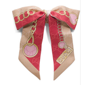 NWT Women's Gucci Chain Print Silk Hair Bow One Size Beige Red